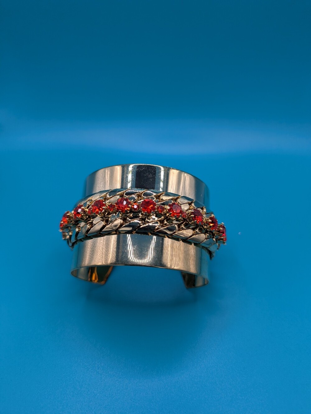 Silver Cuff Bracelet with Red Crystal Chain Accent